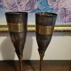Vintage Brass And Silver-Plate Champagne Flutes Pair 9.5″
