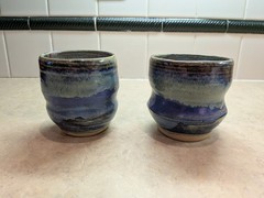 Studio Art Pottery Drip Glaze Drinking Tumblers Set Of 2 Signed