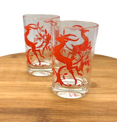 Lot of 2 Vintage Leaping Gazelle Juice Glasses C2171950s Red Deer Antelope MCM