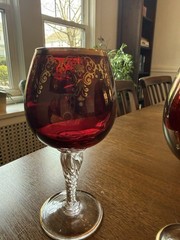 Ruby Red Wine Goblets 4 Hand Painted Gold Scroll Twisted Stem MCM Vintage Italy