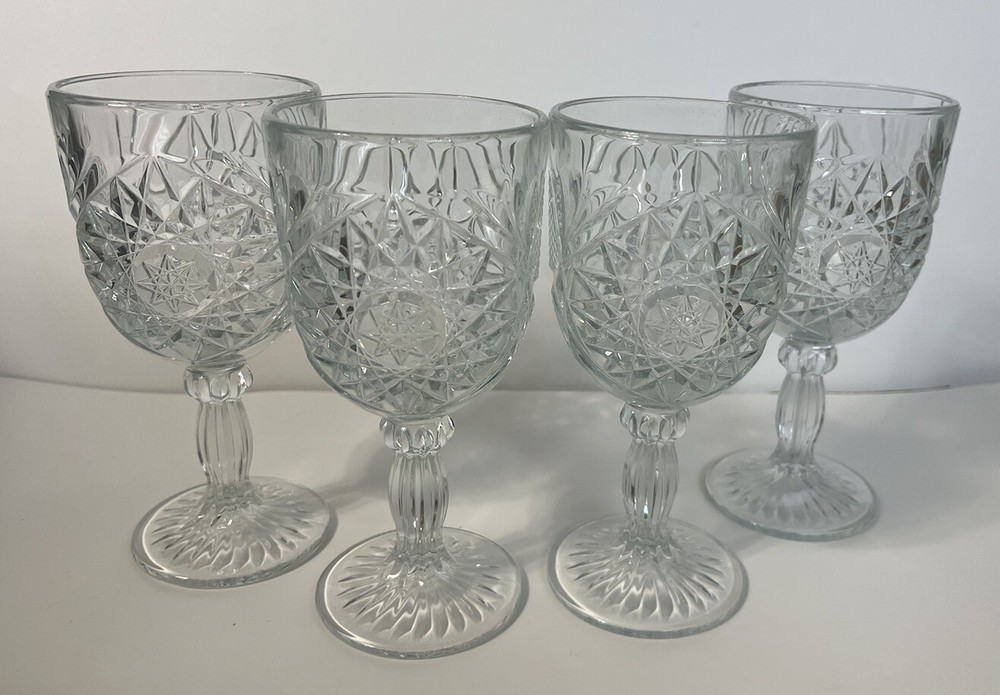 4 Vnt Libby STAR OF DAVID Hobstar Starburst Goblets Glasses Water Wine 12oz 7.25