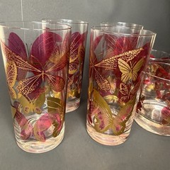 Fred Press Butterfly Glass Set 8 Cranberry Pink Gold Highball Rocks Mid Century