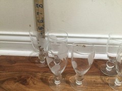 4+3 McBride Cameo Juice Cocktail Glass 5.5″ Ball Stem Frosted Etches Leaves READ