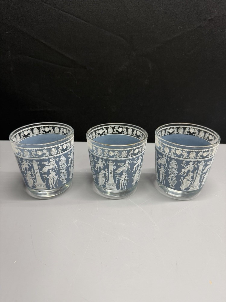 Vintage Jeanette Blue Grecian Glasses / Wedgewood / Jasperware 1950s Set of 3