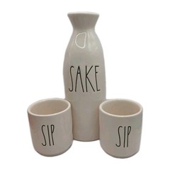 Rae Dunn SIP SIP SAKE 3 pc ceramic Japanese Sake Set Flask & 2 Cups