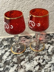 (2) Red Floral Venetian/ Bohemian Aperitif Glass Hand Painted Gold Overlay 3.75″