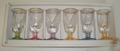 Vtg Colored Base & Stem Liquer . Cordial Glasses Set of 6, 3¼ tall, Never Used