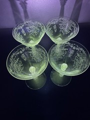 Vintage Manganese Fostoria ROMANCE Goblet Glasses Etched Clear Green Set Of 4