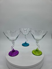 3 PC Vintage Colored Base Martini Glasses «Zic-Zac» or «Watusi» Bent Stem