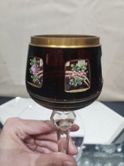 Wine Glass Hock Goblet Bohemian Red Cut to clear Crystal cabochon roses enamel