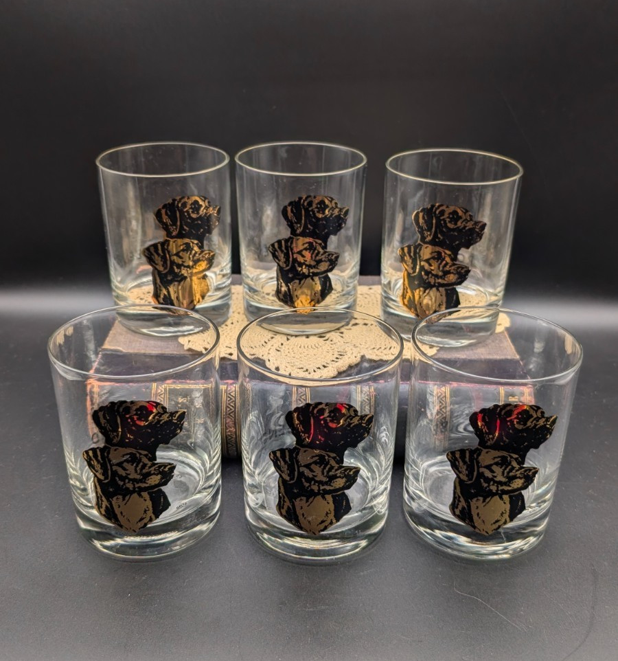 Vintage Set of 6 Rockbend Black Labrador Retriever Lowball / Old Fashioned Glass