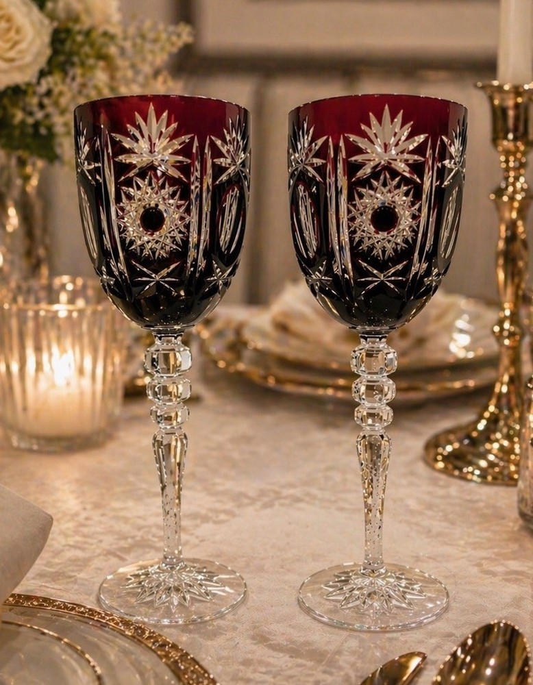 Deep Ruby RED Wine Stems Pair Crystal Karl Klokotschnik Zwiesel Germany 9.75in