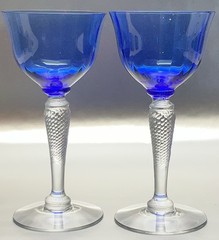 FRY GLASS * BLUE & CRYSTAL * 2 WINES 1 GOBLET * STEMS *