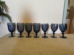 Set of 8 Vintage Smoked Blue Gray Ribbed Goblets – Short Stem Wine Glasses 2 Siz
