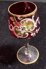Red Floral Venetian / Bohemian Aperitif Glass Hand Painted Gold Overlay 3.75″