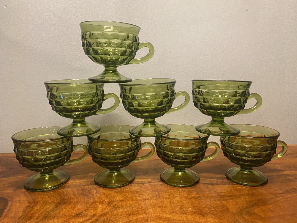 Set of 8 Vintage Indiana Whitehall Cubist Green Sherbert Glasses Cups 3-5/8”