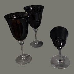 Vintage Set of Six Black Dark Amethyst Clear Stem Goblets Glasses