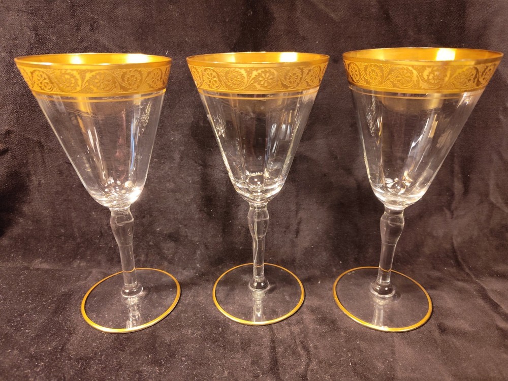 3 Tiffin Franciscan Glass Goblets Paneled Gold Band