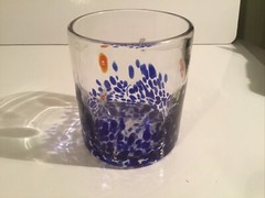 Nice Hand Blown Murano Style Glass Tumbler ~ Millefiori Accents Blue Confetti