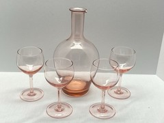 5 pc Set ~ Pink Depression Glass Decanter Carafe & 4 Wine Goblets Glasses