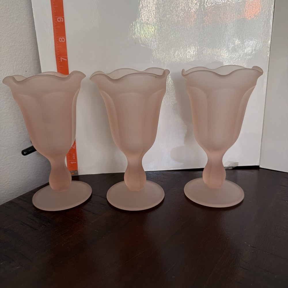 Pink Frosted Fountainware By Indiana Glass, Set Of 3 Footed Sundae Glasses