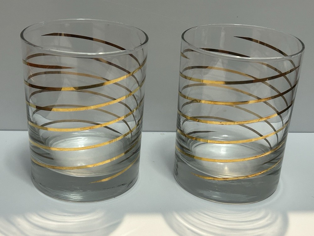 2 MCM Vintage Kraftware Gold Stripe Rocks Old Fashioned Low Ball Glasses