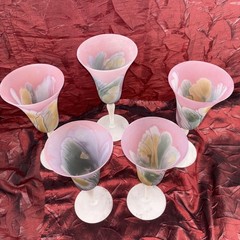 Rueven By Nouveau Art Glass Co. Flared Bowl Wine Glass Hand Painted Frosted 5 Pc