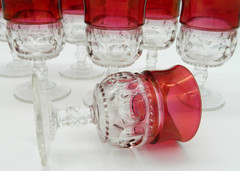 7 pc Set LOT Kings Crown Ruby Red Flash Thumbprint Wine Water Glass 2 ounce