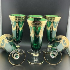 Set of 6 Mouth Blown Arte Italica Medici 24-K Gold/Green Champagne Flutes *READ*