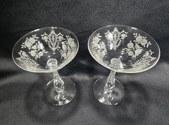 MINT 2 Tiffin Franciscan Cherokee Rose Tall Champagne Crystal Etched Glass C1944