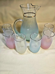 Vintage West Virginia Glass Blendo 7 Piece Drink Set Frosted Pastel 1960’s