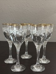 5 Crystal Cordial Glasses Twisted Stems Gold Rim Etched Grapevine Pattern VTG 6″