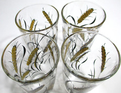 Vintage Glass Tumblers SET OF 4 Wheat Golden Yellow & Black 5 1/8″ Tall