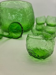 Vintage MCM Italian Empoli Crinkle Glass Green Punch Bowl & laddle