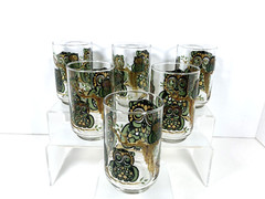 6 Vtg Libbey Owl Family Tumblers Embossed Stained Glass Look Drinking Glasses