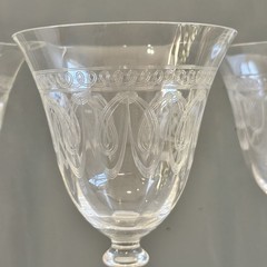 Art Deco Set of 4 Long Stemmed Etched Wine Glasses Barware Rare Geometric Design