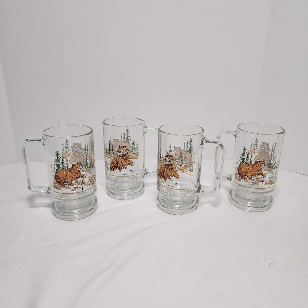 RARE! 4x Vtg INDIANA GLASS Tiara-Exclusives Outdoor Life CRYSTAL BEAR & CUB MUGS