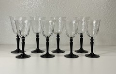 Vintage Set of 8 Black Stem Wine Glasses Swirl Optic Clear Glass Goblets