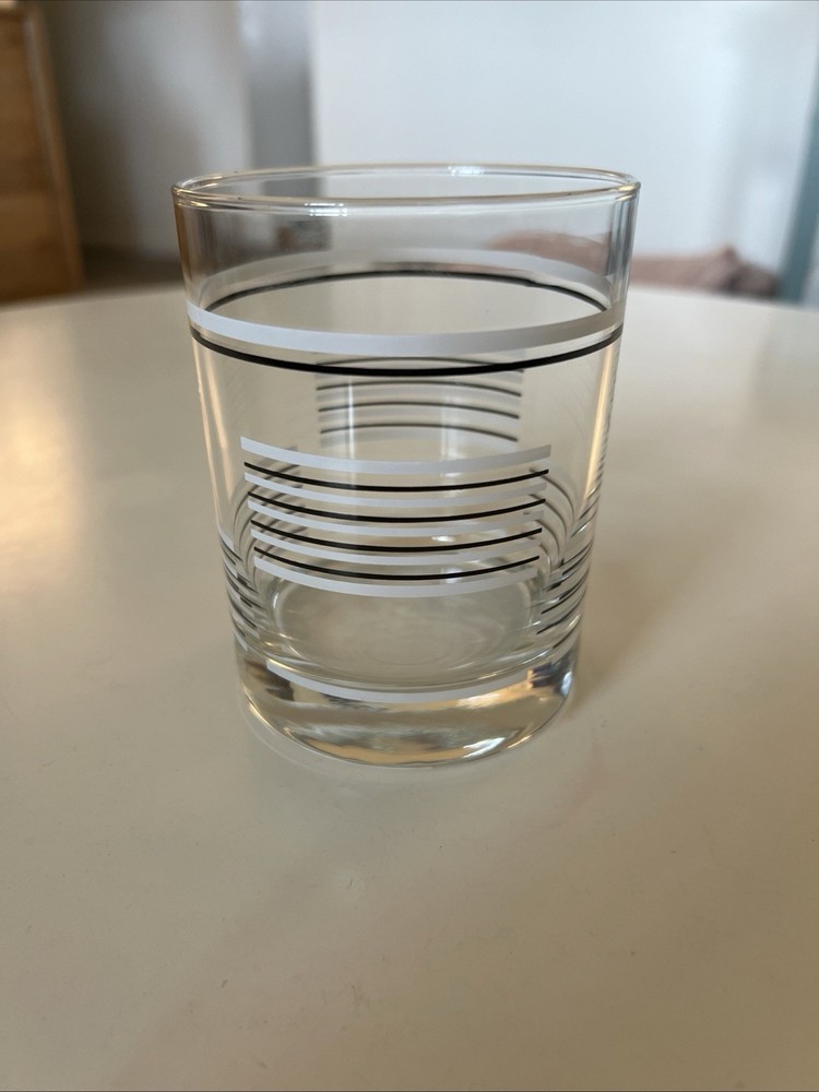 Vintage MCM Set Of 4 Rocks Glasses Black And White Striped