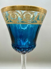 Saint Louis Thistle Blue Crystal Wine Glass 24K Gold France 8.25″ Goblet