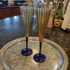 RARE VTG Cenedese Vetri Murano Wine Glass/Flute Multi Colored Striped Pair