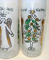 SET OF 4 Vintage JOHN SUTTON Gold ANGELS & TREES Frosted Glass Tumblers RARE