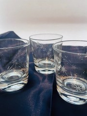 Vintage Libbey Etched Dbl Old Fashioned Whiskey Glasses Set/3 Atomic Starburst