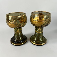 Vintage German Roemer Green Glass Wine Goblets Gold Grapevine Gilt Hand Blown