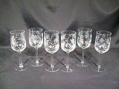 Water Glasses Gray Cut Floral Berries on Bowl Unknown Manufacturer Set of 6