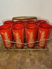 8 Vintage Culver Red Siam Thai Hindu Goddess High Ball Glasses Tumblers 1960s