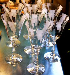 Vtg Set 7 HUNTINGTON OPTIC CRYSTAL Water Goblets FROSTED DRAPED LEAVES c1931