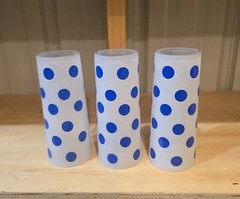 3 Anchor Hocking Frosted glasses with blue dots. They Measure 2-3/4″W x 6-3/4″H