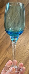 Set 2 Hand Blown BLUE Wine Goblet Art Glasses CLEAR TWISTED STEM 8″