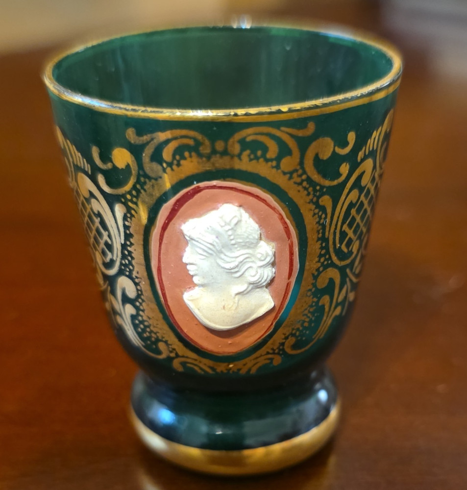 Green Glass Shot Glass Gold Floral Cameo Pattern Portrait Medallion Decor
